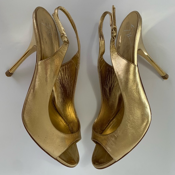 Giuseppe Zanotti Design Gold Leather slingback peeptoe heels EU size 39.5 US 9.5 - Picture 12 of 15